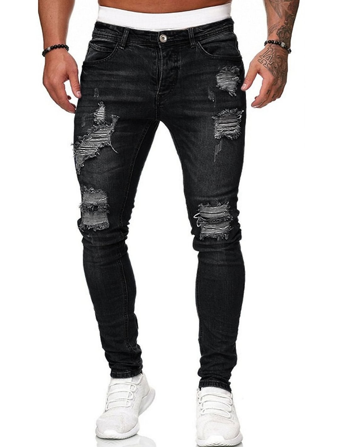 men‘s ripped jeans distressed jeans denim pants stretch slim-fit pants for men streetwear trousers tapered pants zipper and button fly