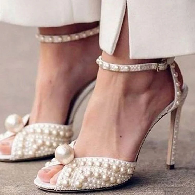 White Pearl-Decorated Leather Slingback Sandals with Stiletto Heels Vdcoo