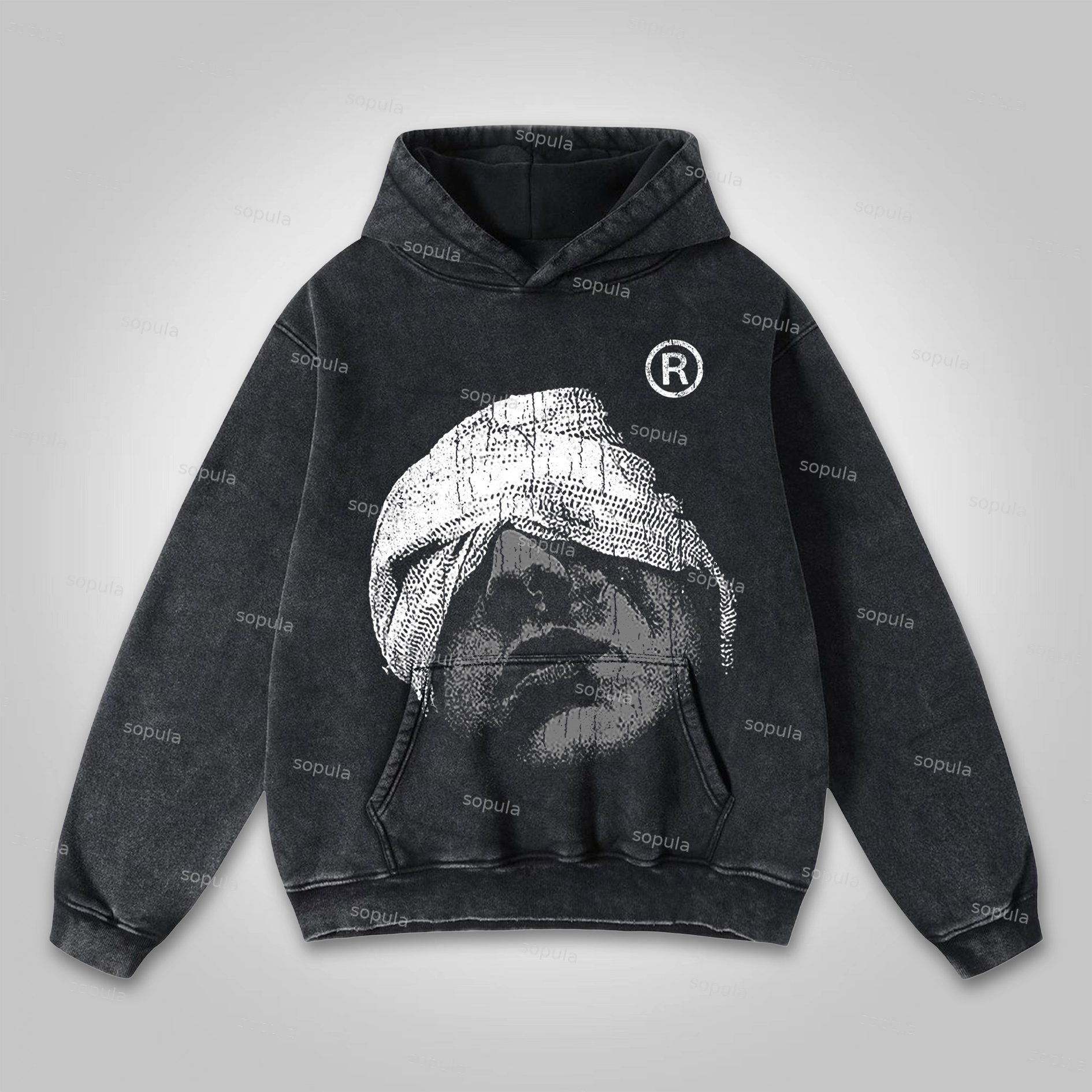 Sopula Vintage Abstract Portrait Graphic Washed Hoodie