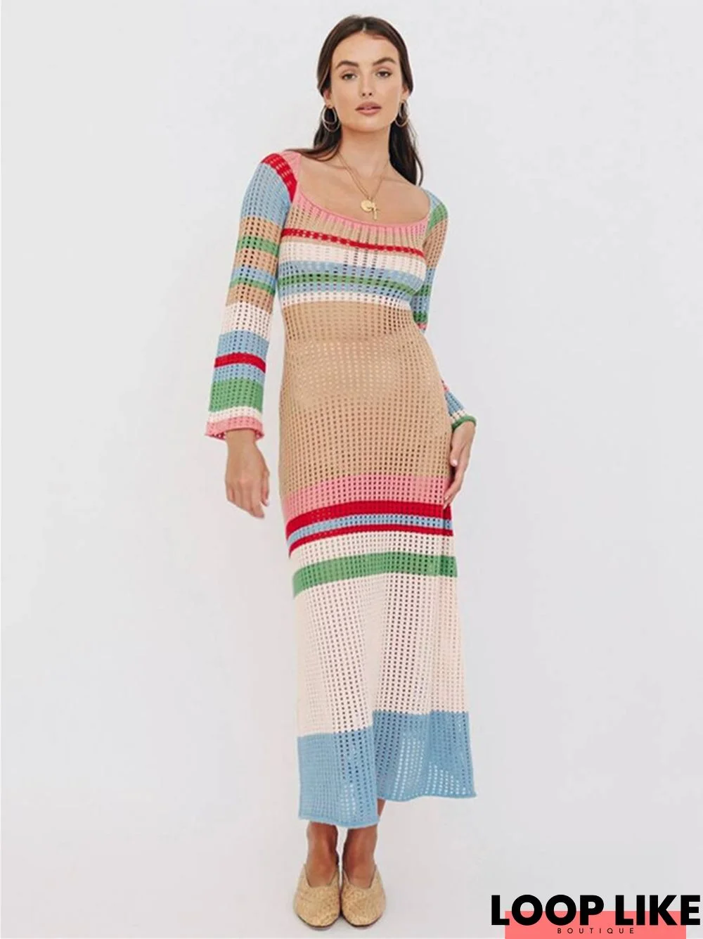 Striped Contrast Sexy Knitted Hollow Out Dress Autumn and Winter New Beach Leisure Holiday Dress Women