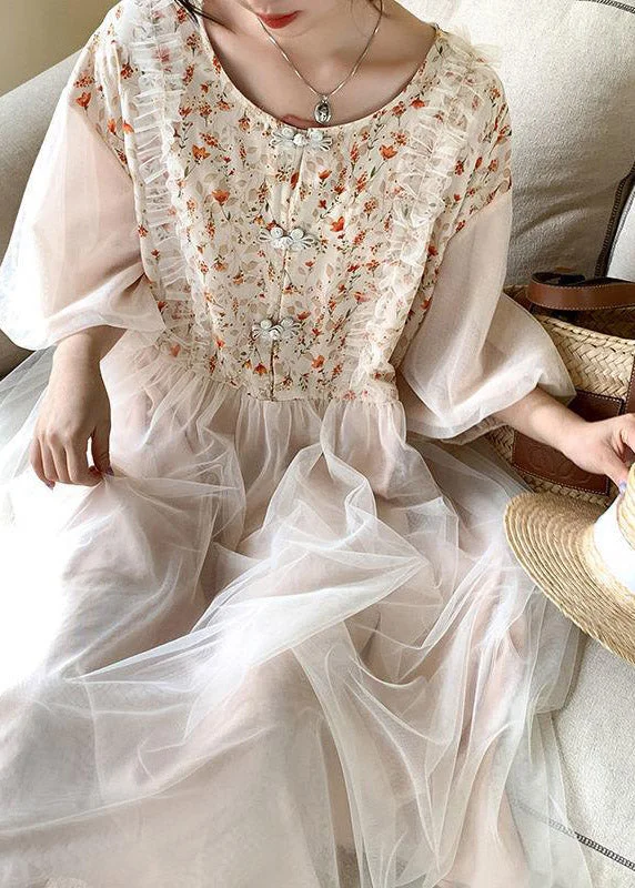 Beautiful Apricot O-Neck Embroideried Tulle Patchwork Maxi Dresses Half Sleeve