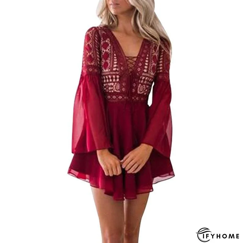 Hollow Out Chiffon Dress Cross Bandage Lace V-Neck Long Sleeve Dress | IFYHOME