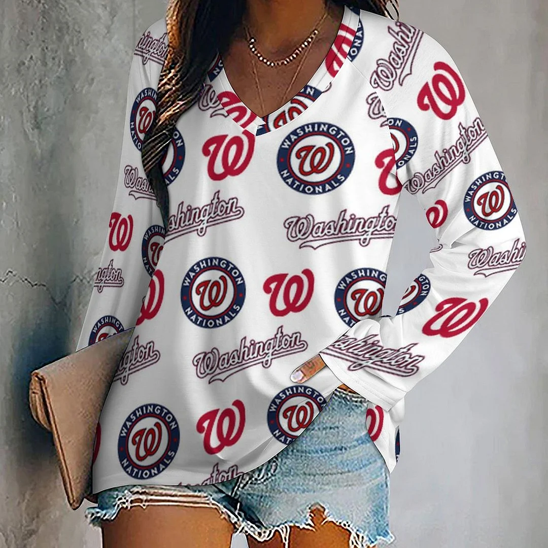 V-neck Long Sleeve Casual T-shirt for  Women and Men Printed with Pattern , Blue, Red