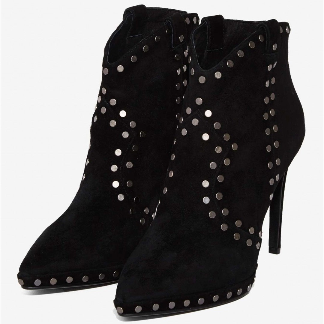 GOOSHOE Black Suede Studs Ankle Booties Pointy Toe Stiletto Boots