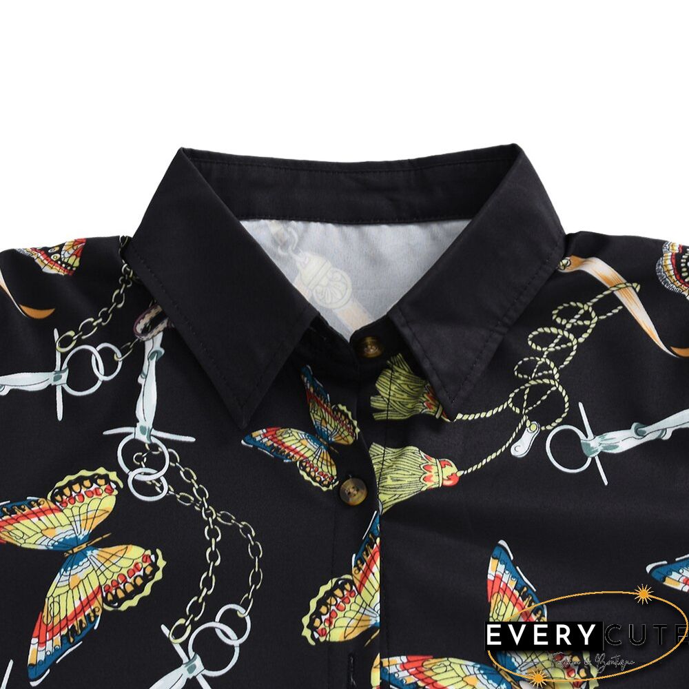 Womens Turn-Down Collar Blouse Spring & Autumn Long Sleeve Butterfly Print tops button