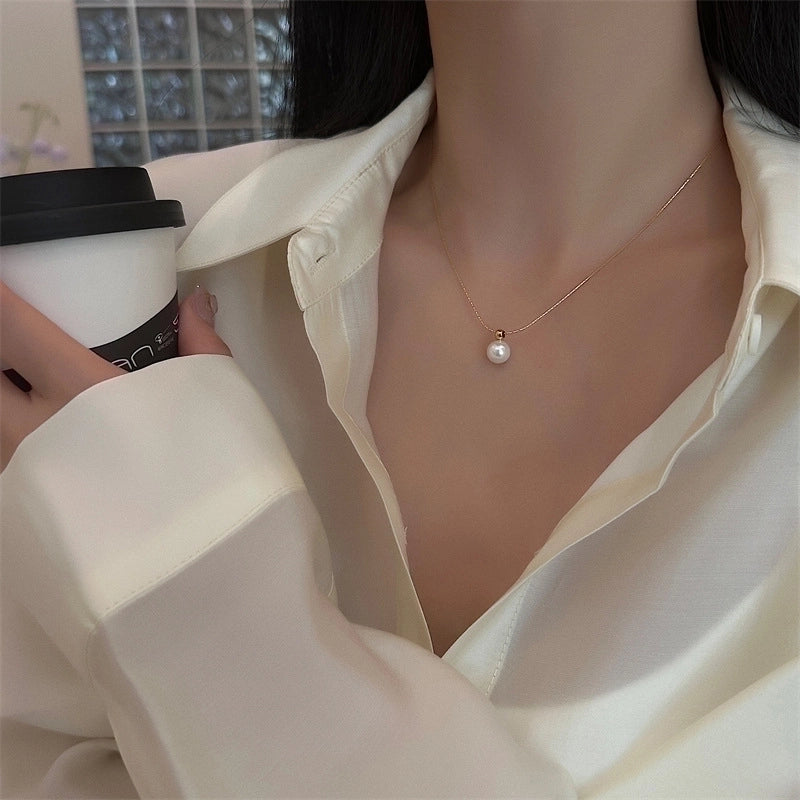 Elegant Minimalist Round Titanium Steel Artificial Pearls Inlay Pendant Necklace