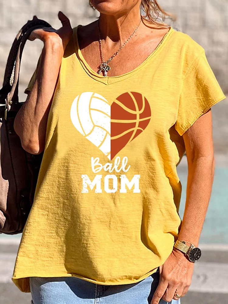 Ball Mom Heart Volleyball Basketball Mom V Neck T-shirt-Annaletters