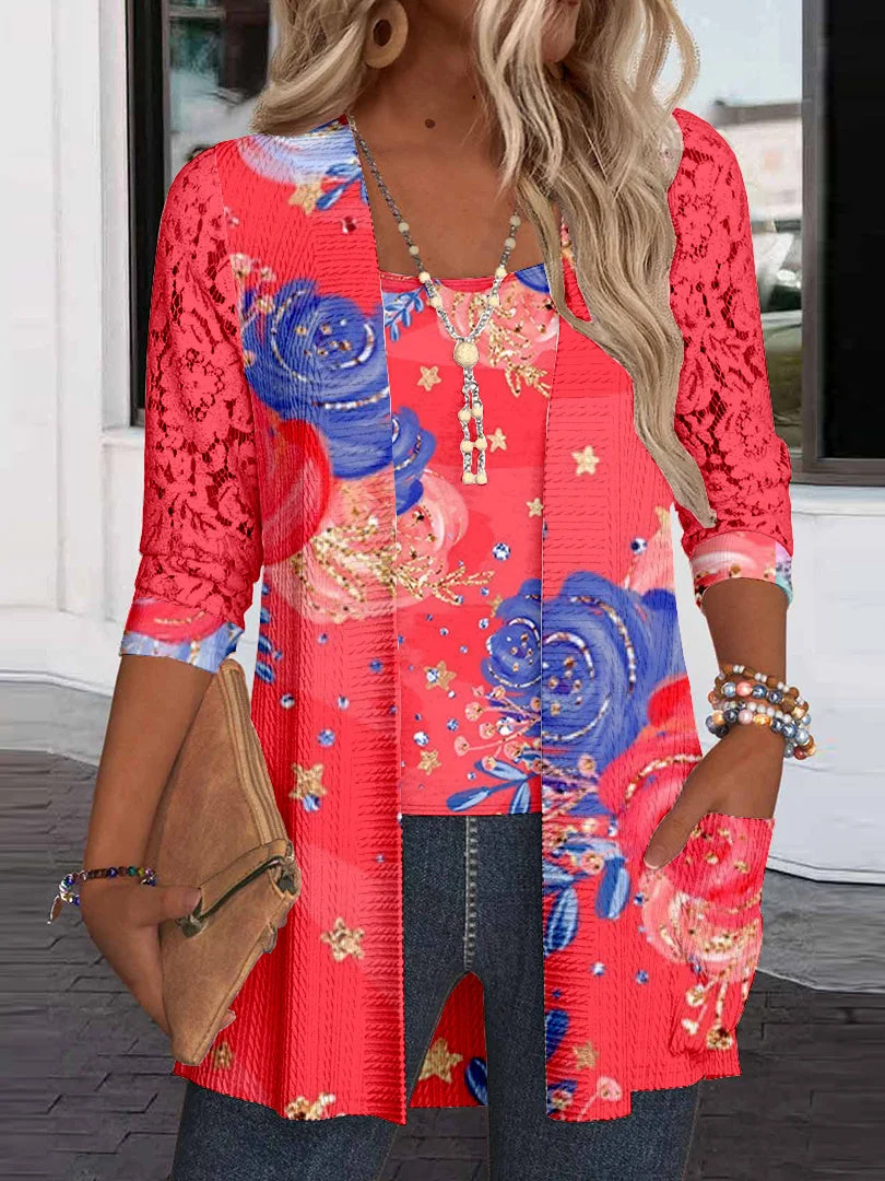 Women Long Sleeve Scoop Neck Floral Printed Graphic Pockets Lace Two-Pieced Tops