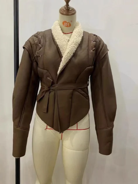 Woherb 2024 Suede Suede Jacket Lace-Up Jacket Fashion Vintage Female Autumn And Winter Short Warm Coat-Outfit Ideas