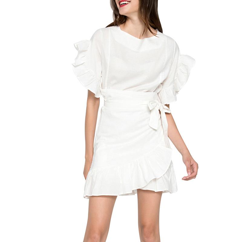 Women Summer Solid Color Cotton Dress Ruffles Patchwork Short Sleeve Slim Dress with Bow Belt