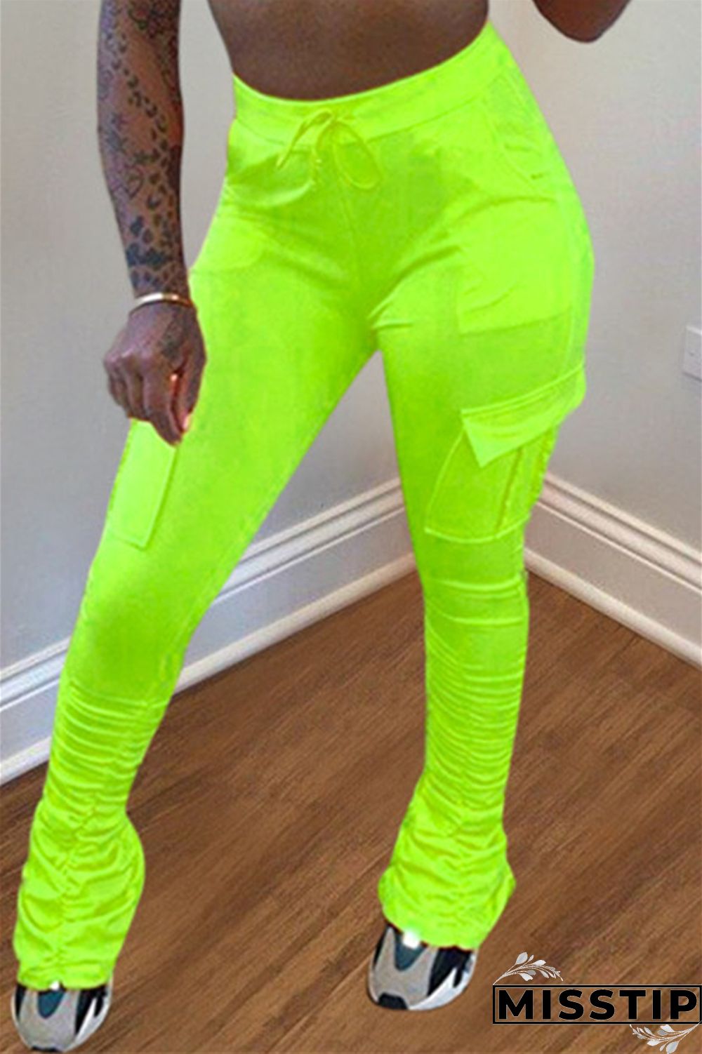 Fluorescent green Drawstring High Solid Pocket Draped Boot Cut Pants Bottoms