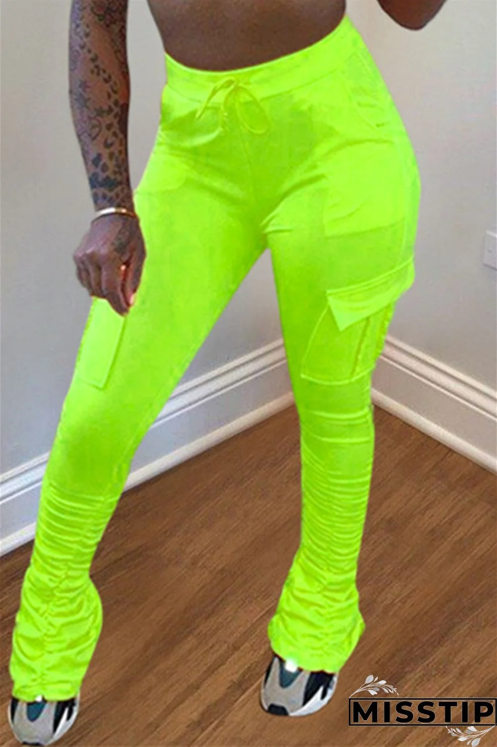 Fluorescent green Drawstring High Solid Pocket Draped Boot Cut Pants Bottoms