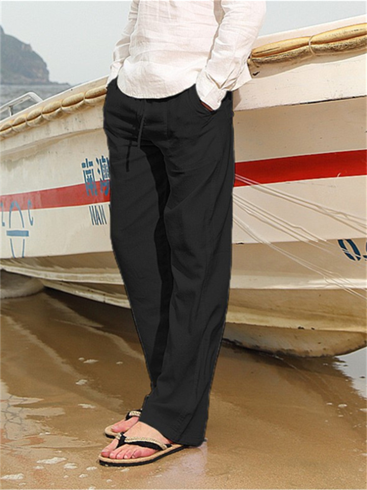 Men's Cotton Linen Trousers Casual Pants Summer Yoga Beach Pants Drawstring Loose Elastic Waist Pocket
