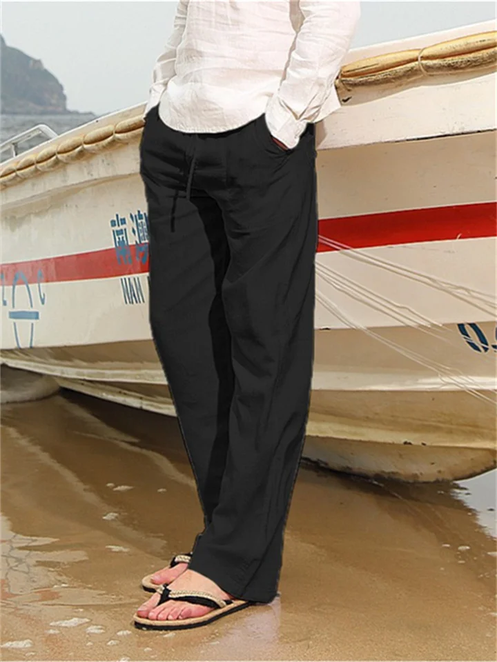 Men's Cotton Linen Trousers Casual Pants Summer Yoga Beach Pants Drawstring Loose Elastic Waist Pocket-Cosfine