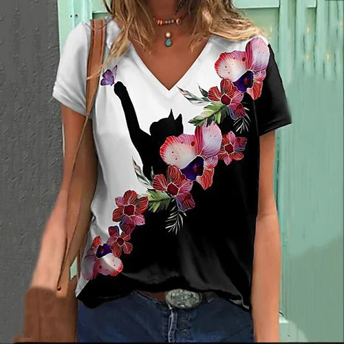 Flower Stitching Cat Print V Neck Short Sleeve T-Shirt
