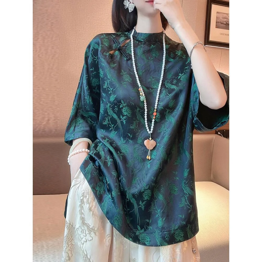 Ueong Chinese Style Buckle Imitation Silk Blouse Women's Loose Bat Sleeves Dark Green National Style Shirt