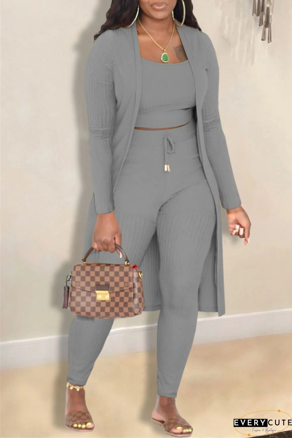 Casual Solid Cardigan Vests Pants Long Sleeve Three Piece Set