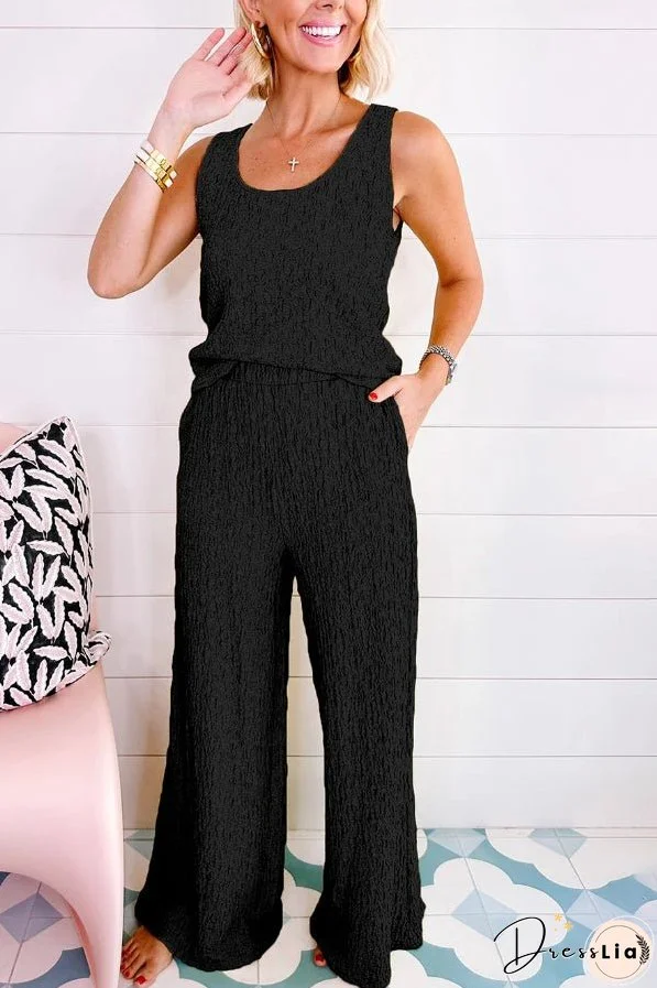 Yellow Crinkled U Neck Tank and Wide Leg Pants Set