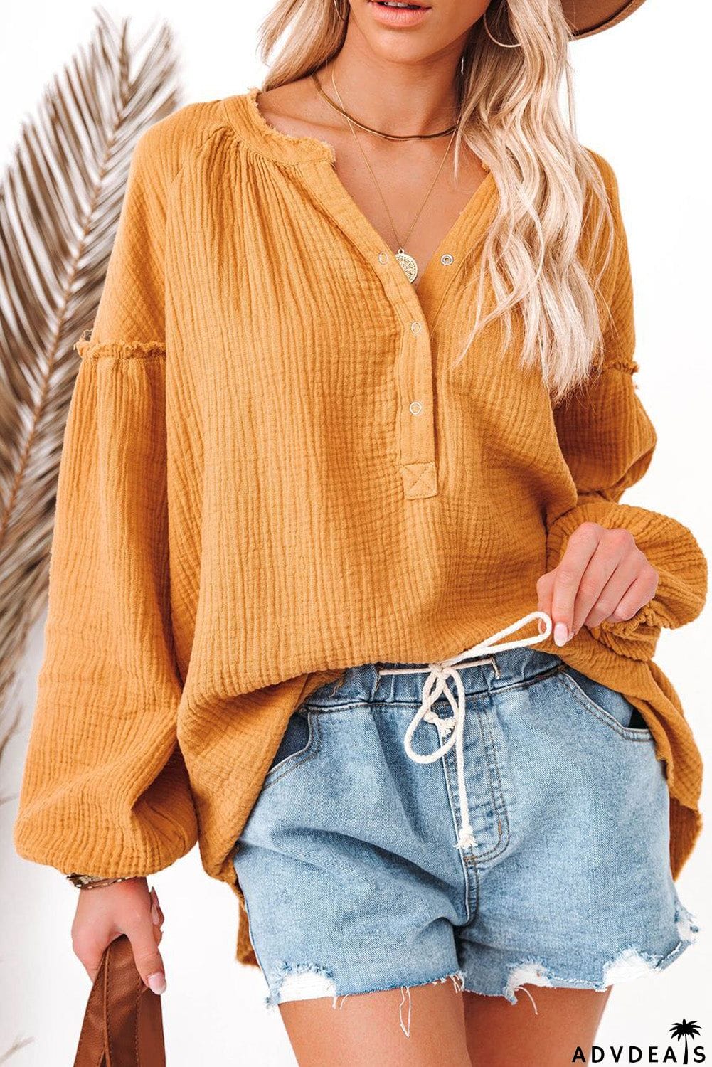 Casual Balloon Sleeve Crinkled Top