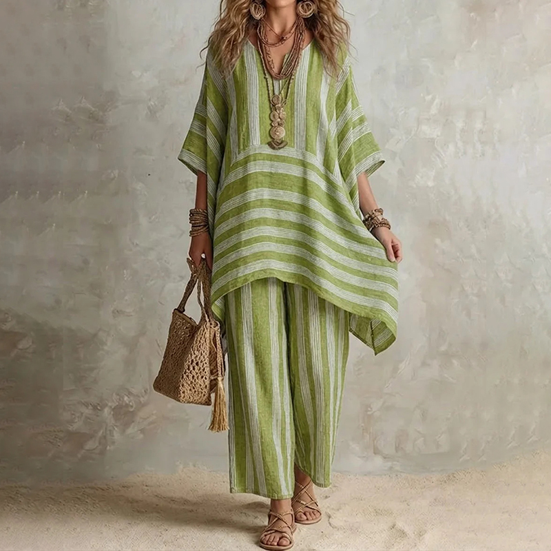 V-neck Loose Striped Casual Two-piece Set elevenforest