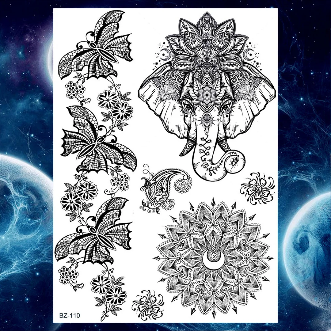 Lace Butterfly Temporary Tattoos For Women Girls Kids Tribal Black Henna Tattoo Sticker Mandala Flower Fake Jewelry Tatoos Adult