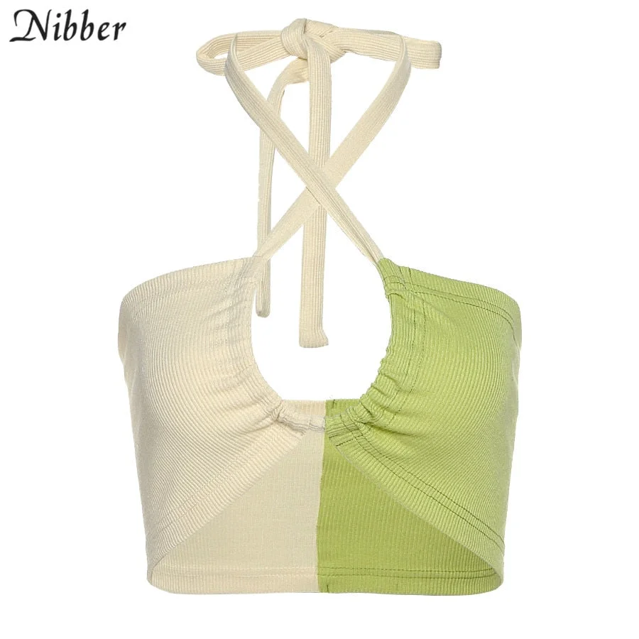 Nibber Bandage Halter Crop Tops Women Casual Color Matching Sexy Backless Camisole 2021Summer Skinny Female Hot Outwear Outfits