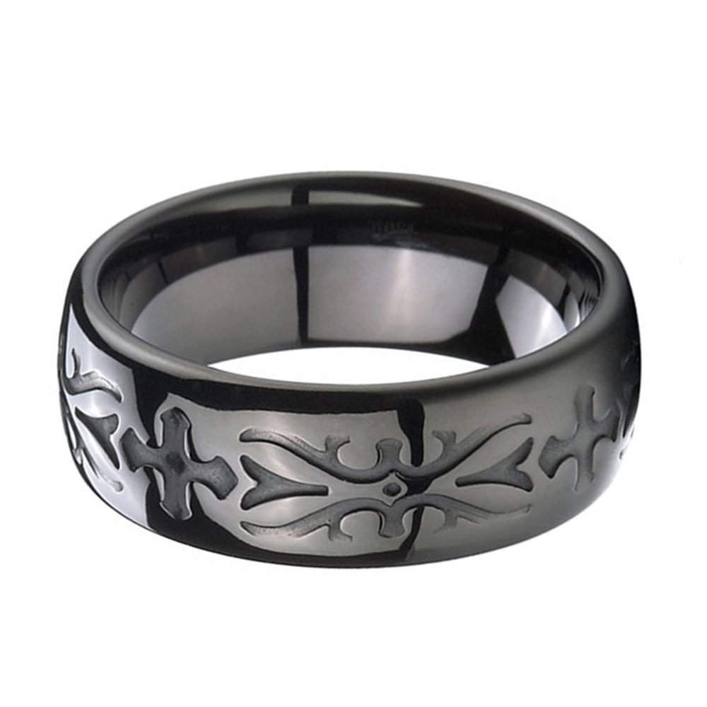 8mm Black Tungsten Carbide Ring Cross Flower Carving Top Band