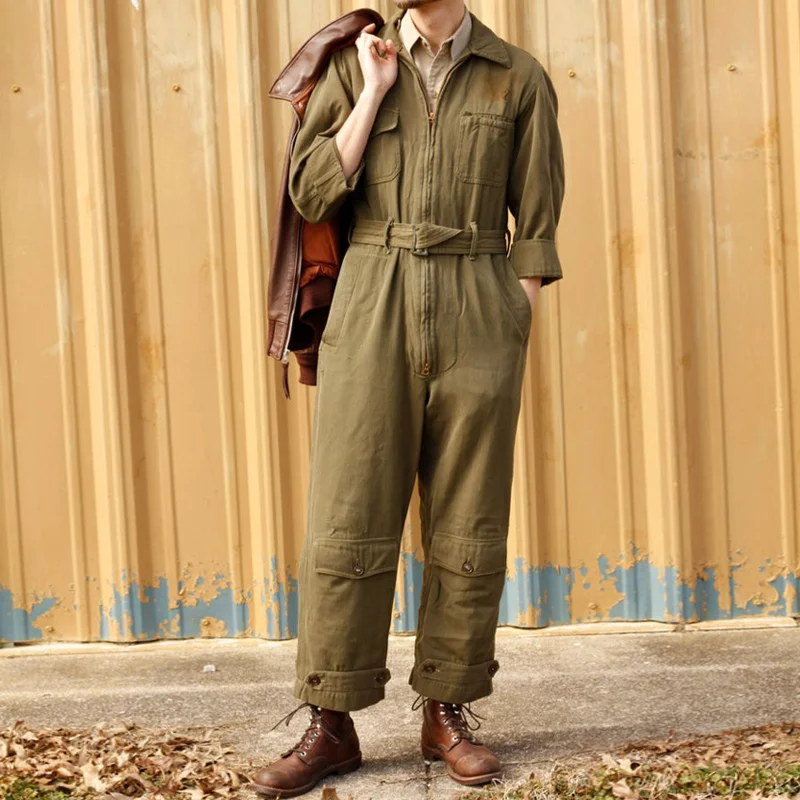 Retro Casual Army Yellow Cotton Long-sleeved Trousers Jumpsuit
