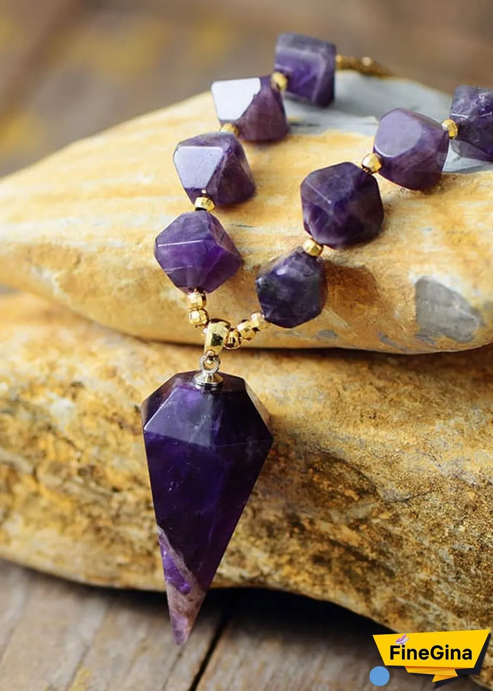 Boho Necklace, Amethysts Hexagonal Cone Pendant Necklace
