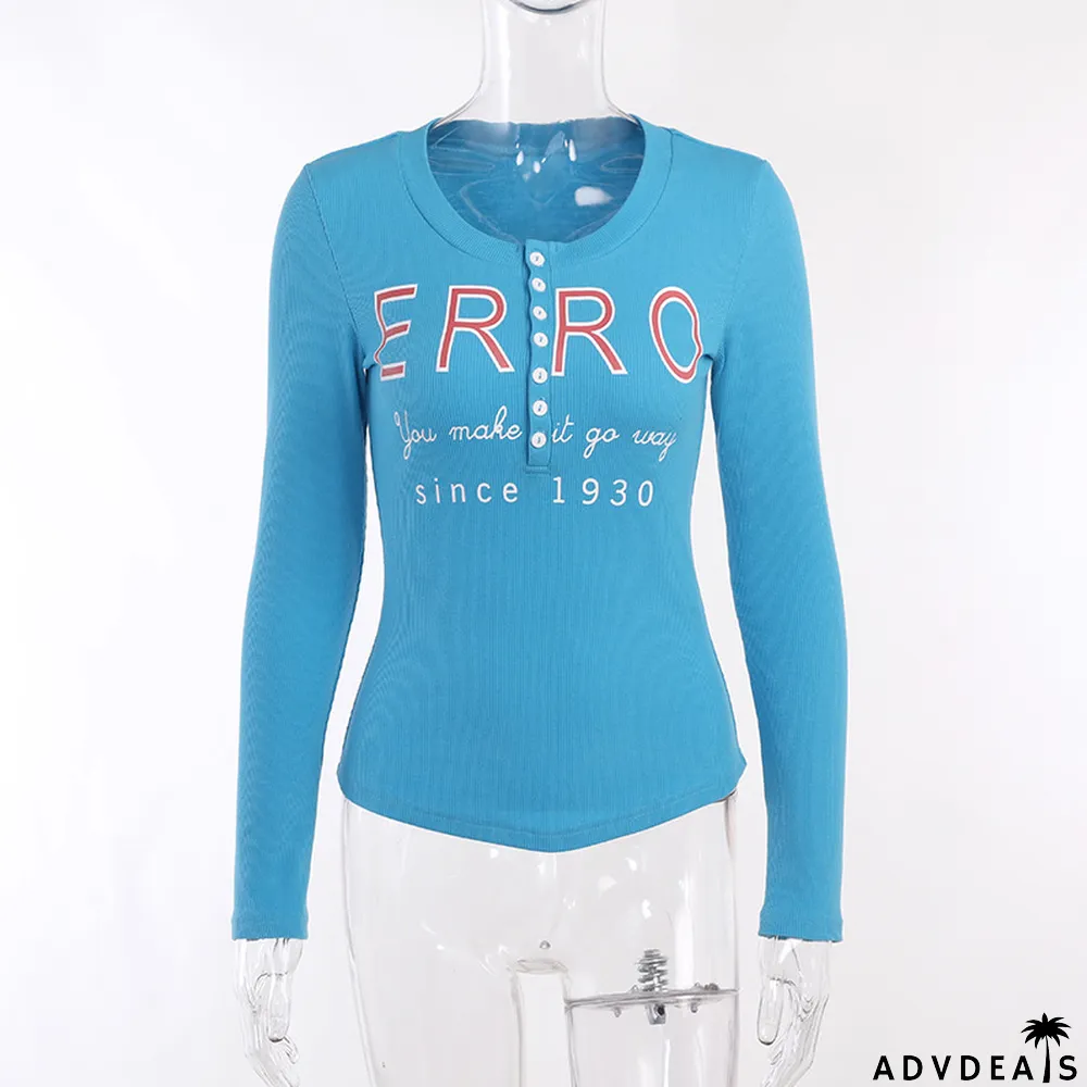 Spring Slim Fit T-Shirt Women Fashion Street Rib Print Long Sleeve Button Top