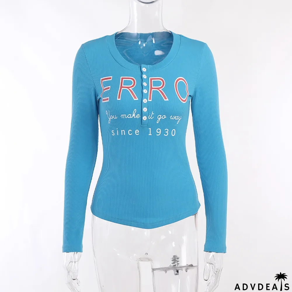Spring Slim Fit T-Shirt Women Fashion Street Rib Print Long Sleeve Button Top