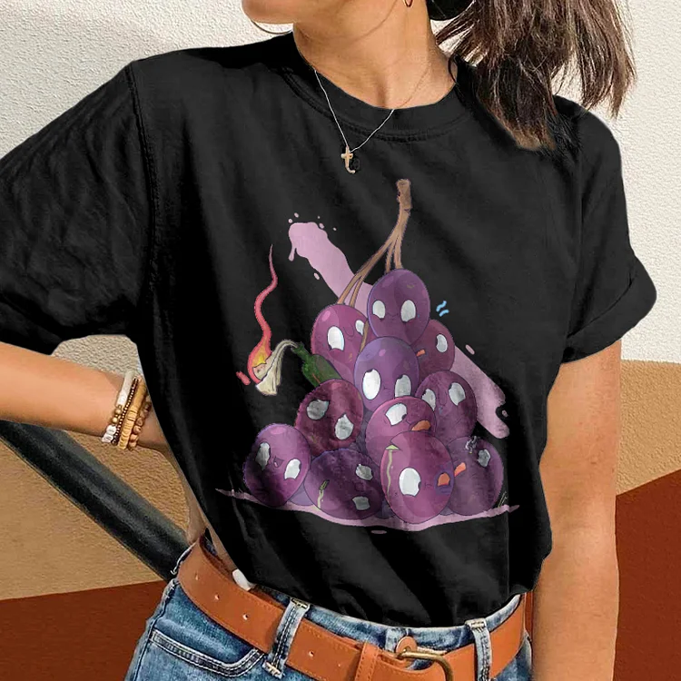 Comstylish Grape Fruit Print Short Sleeve Casual T-Shirt