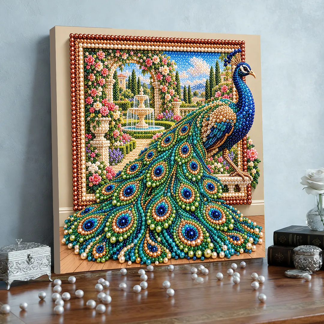 Framed Bead Painting Kit Pearl Peacock for Adults 11.81x11.81in