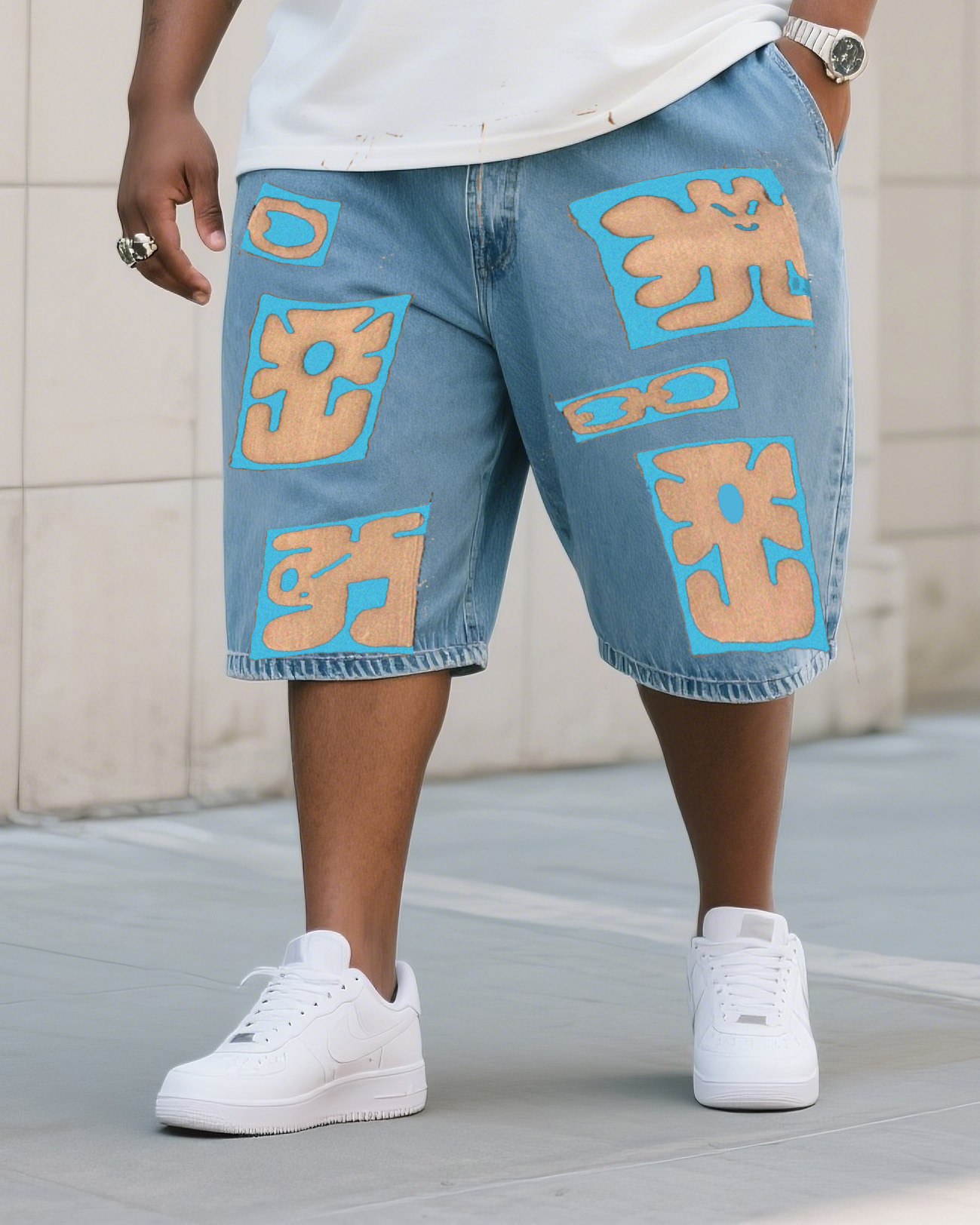 Plus Size Men's Fashion Abstract Figure Irregular Row Shorts Jeans