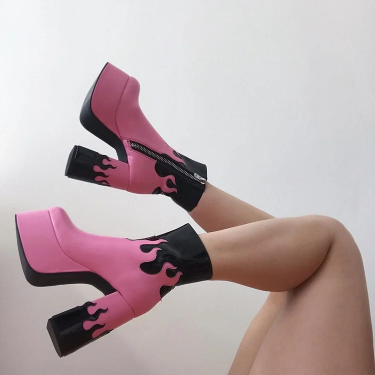 Pink and Black Platform Boots Chunky Heel Ankle Boots |FSJ Shoes