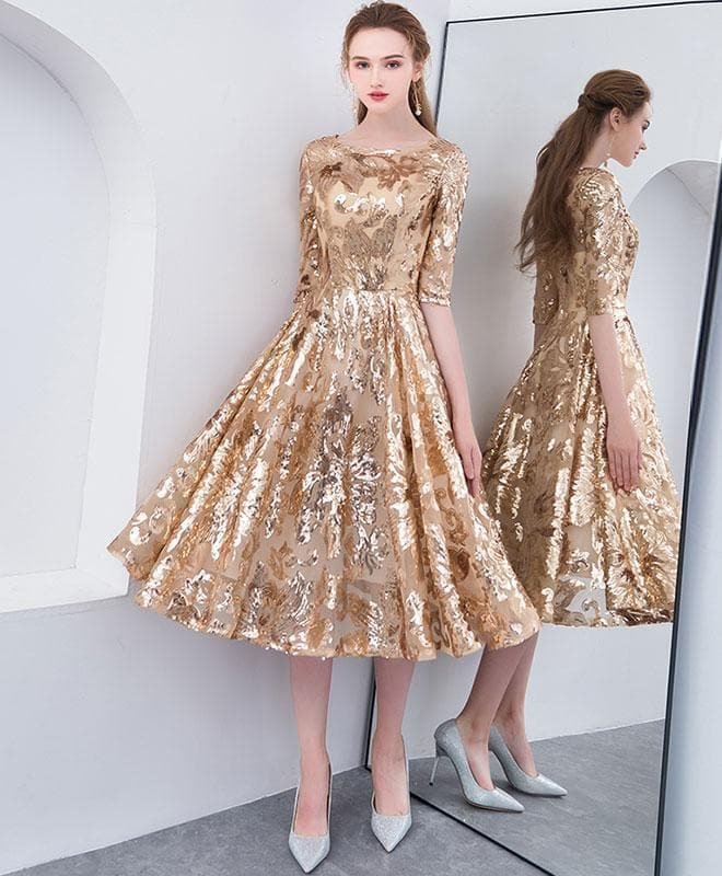 Gold Round Neck Sequin Short Prom Dress