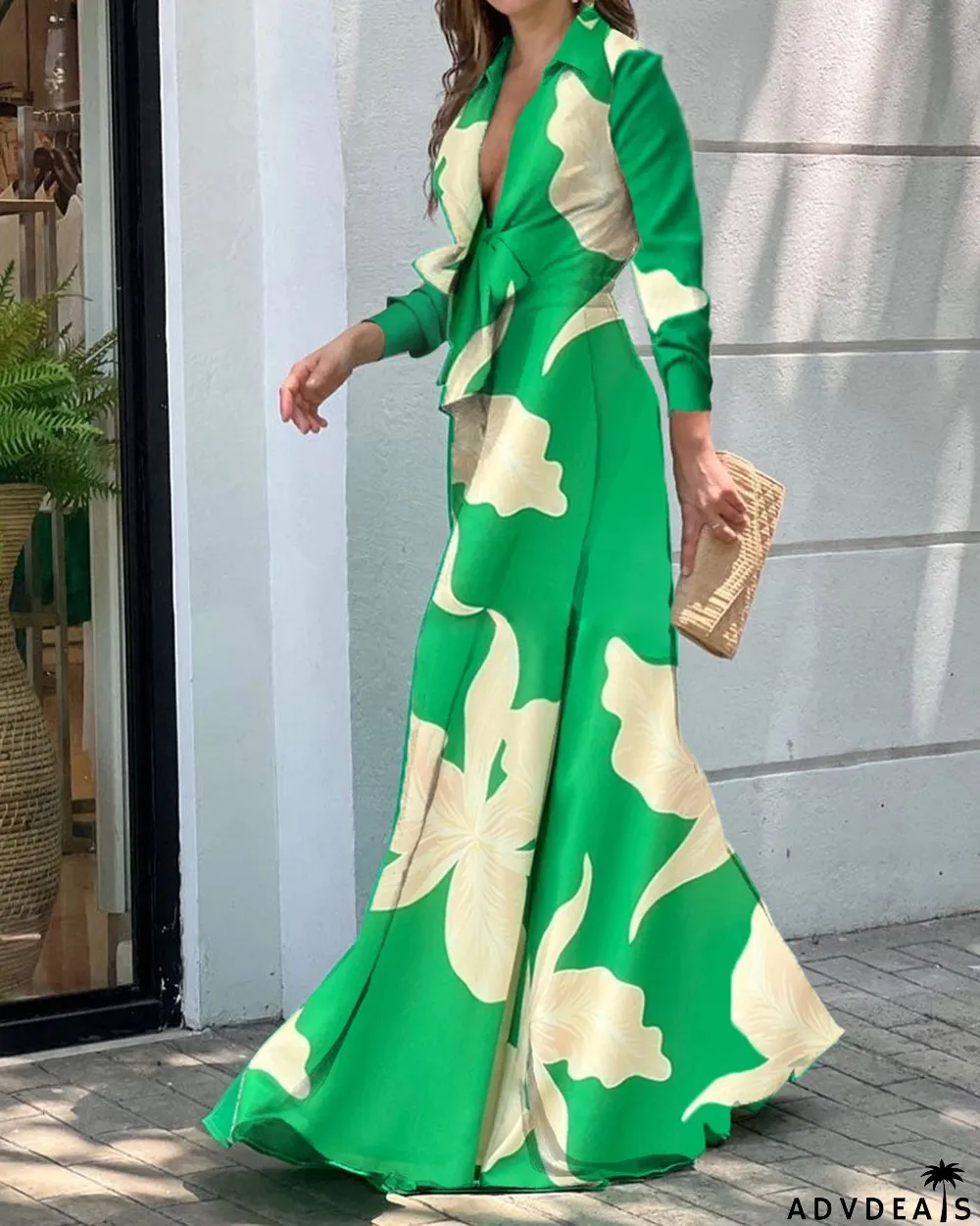 Women's Fall Fashion V-Neck Long Sleeve Turndown Collar Loose Wide Leg Jumpsuit