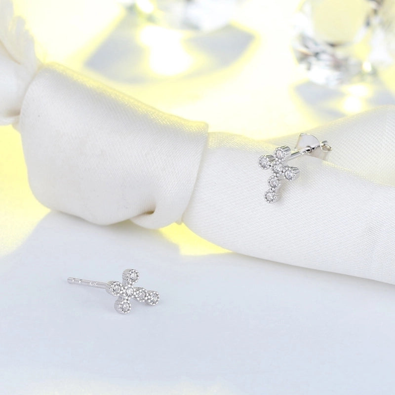 1 Pair 925 Sterling Silver Zircon Cross Ear Studs