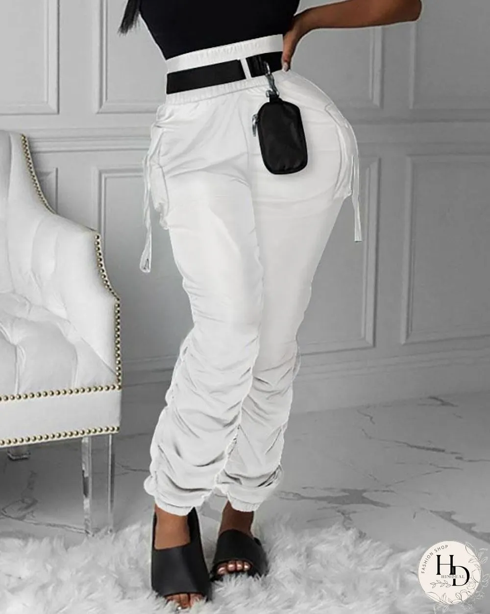 Pocket Design Ruched Plain Pants P14088