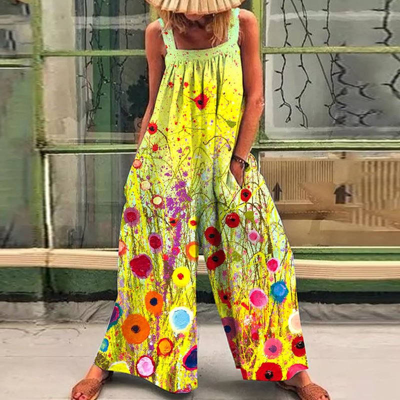 Fashion Print Loose Strap Wide Leg Jumpsuit