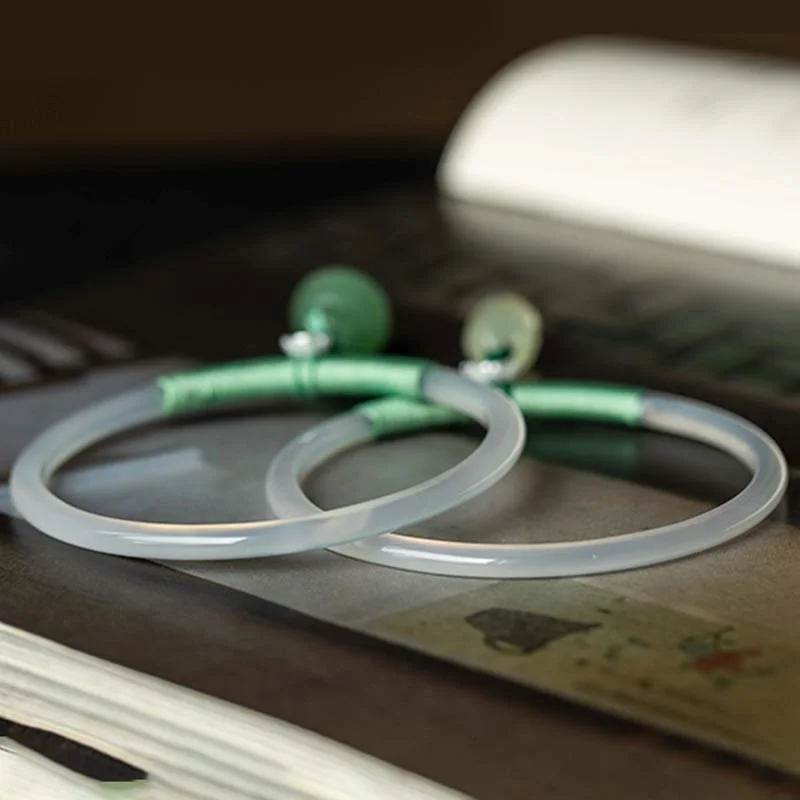Natural Chalcedony Green Aventurine Lotus Bell Blessing Bracelet Bangle