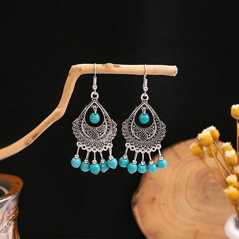Bohemian Blue Turquoise National Style Earrings Imitation Miao Silver Metal Earrings Vintage Tassel Earrings