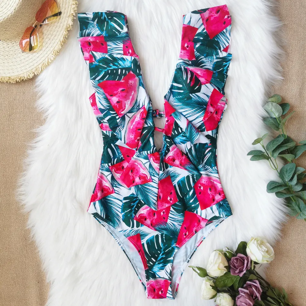 Brownm Printed Flowers Even Lotus Leaf Side Body Swimsuit Women 2025 New Swimsuit Bare Back