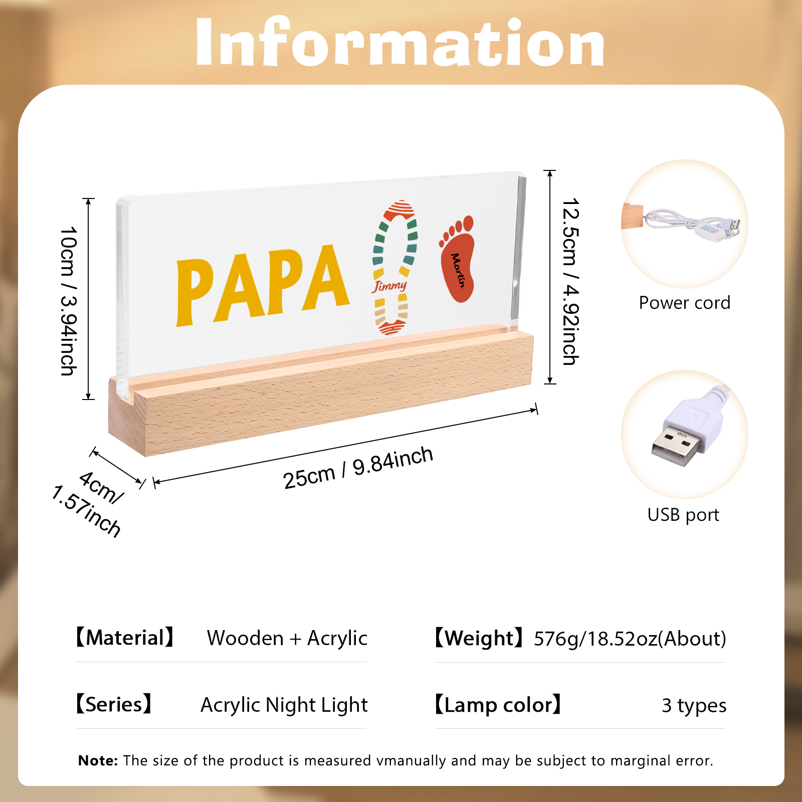 À mon Papa/Papi- Lampe de chevet LED Pieds Bébé 2 Prénoms Personnalisés avec Texte