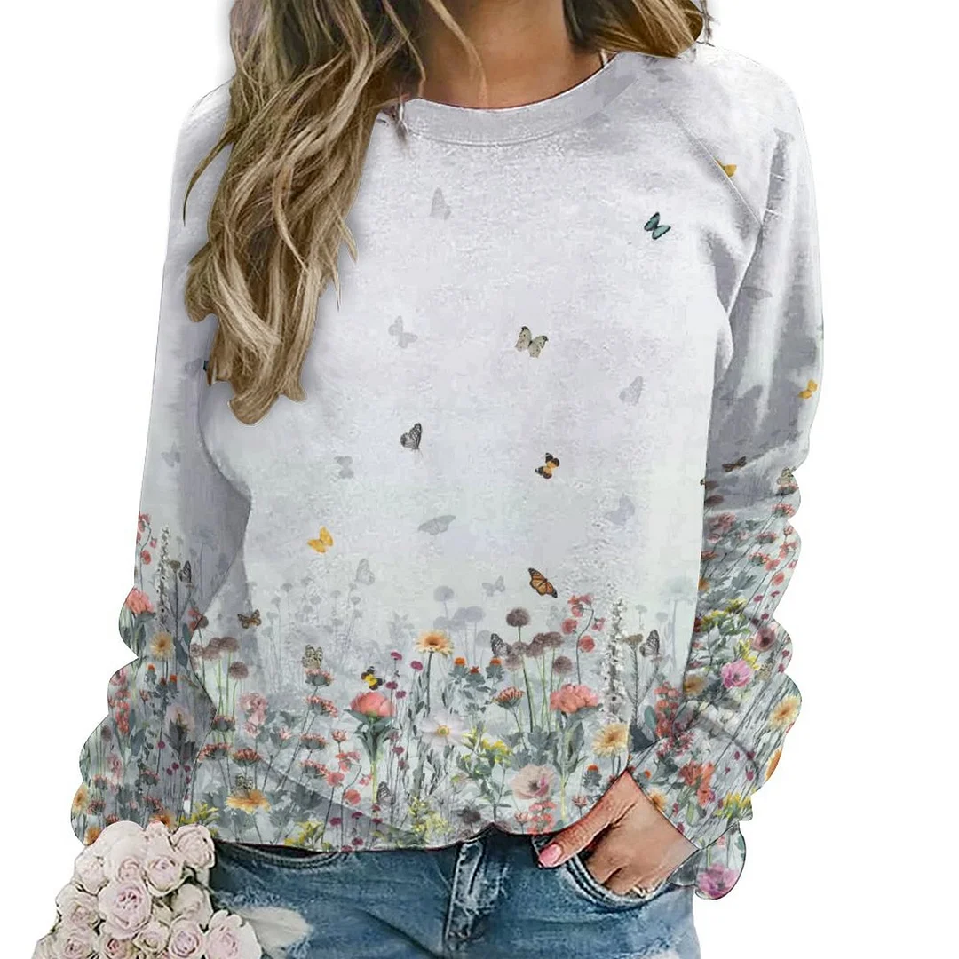 Printed Long Sleeve Casual Sweatshirt for  Women and Men Unisex Pattern Floral, Green, Red