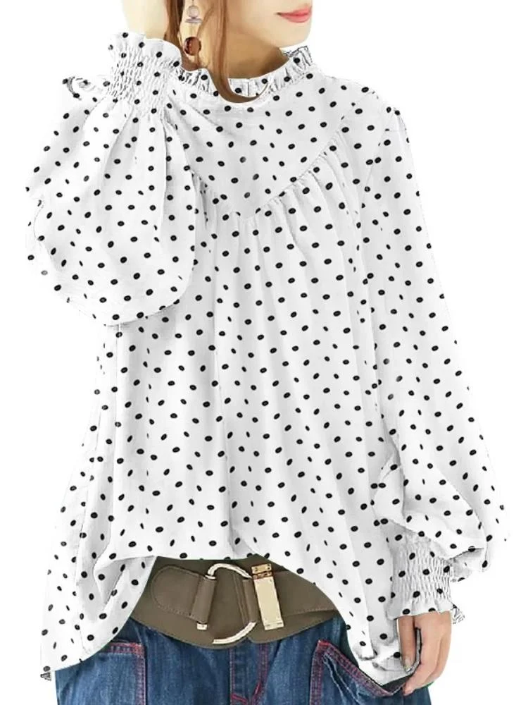 Spring Long Sleeve Ruffles Shirt ZANZEA Women Vintage Polka Dot Printed Blouse Female Elegant OL Blusas Casual Party Tops Tunic