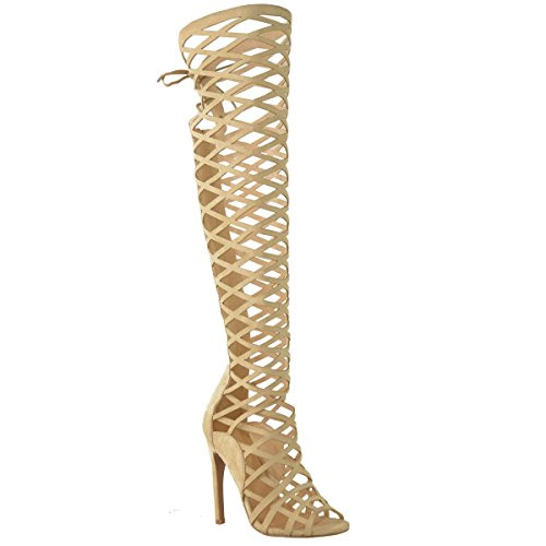 Khaki Vegan Leather Open Toe Stiletto Heel Knee High Sandals Nicepairs