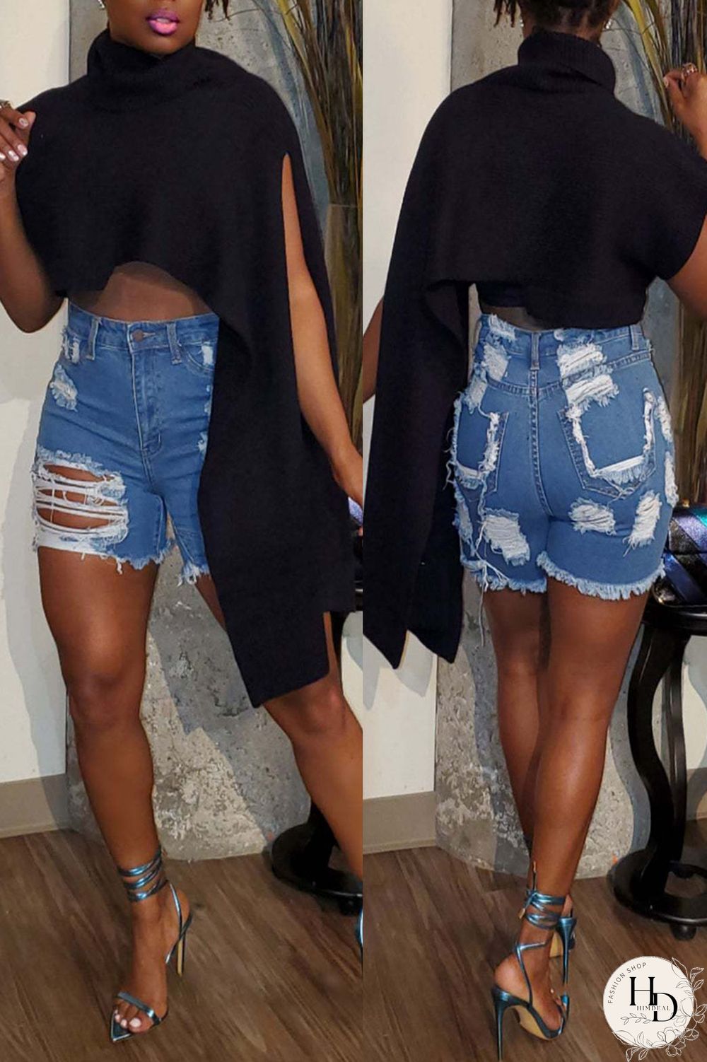 Red Street Solid Patchwork Slit Asymmetrical Turtleneck Tops