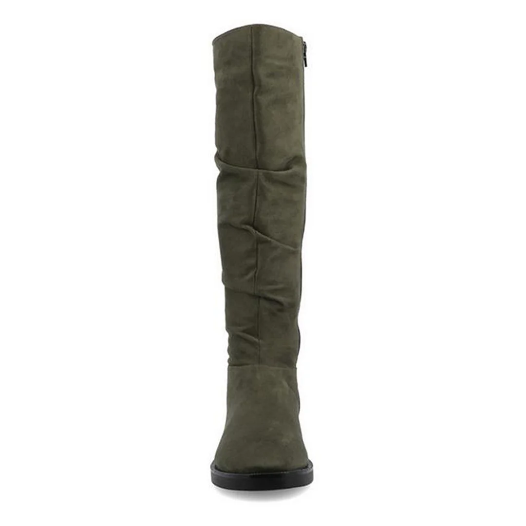 Olive Faux Suede Round Toe Rear Lace-Up Knee-High Boots