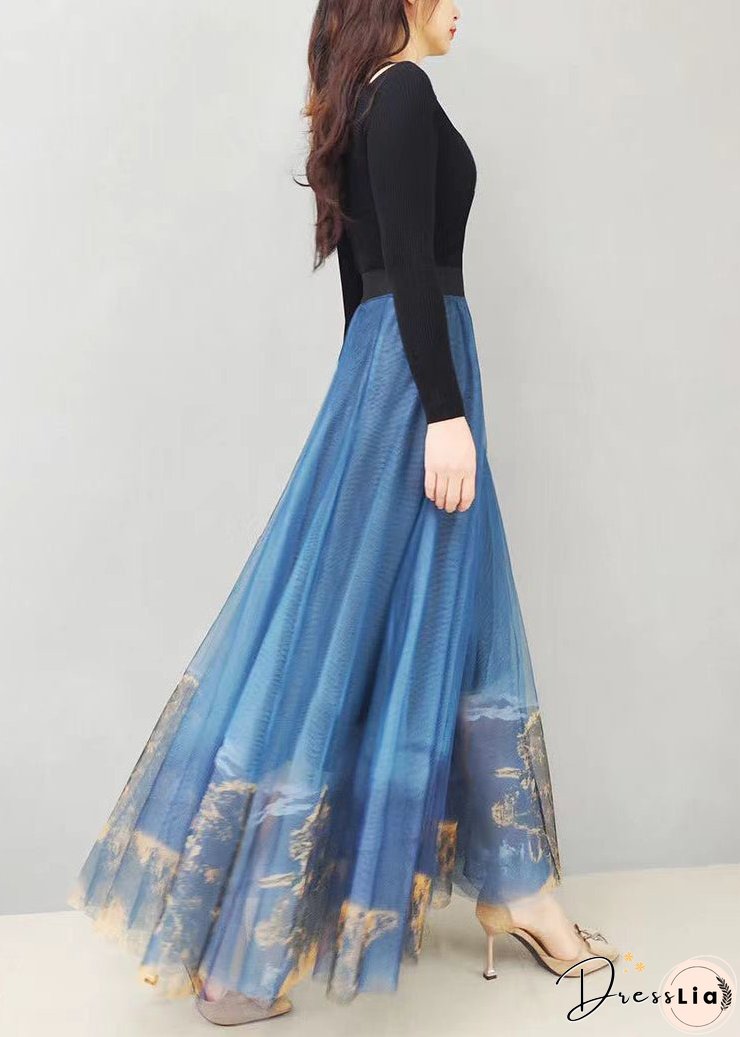 Italian Blue Print Exra Large Hem Loose Tulle Skirt Spring